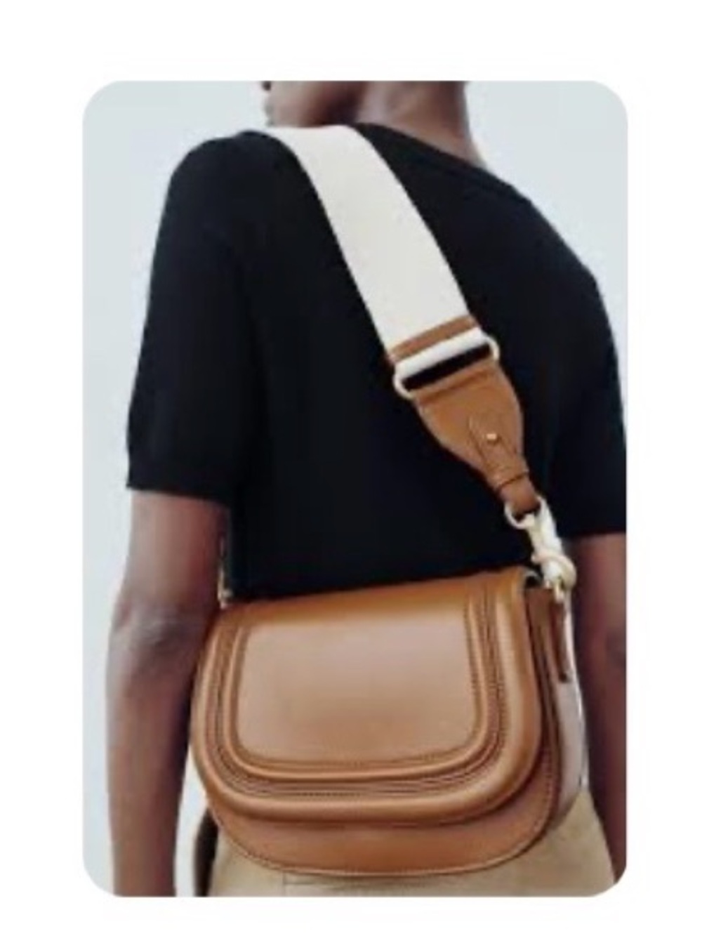 Zara Tan Leather Crossbody with Wide Cream Strap